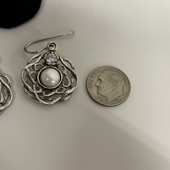 Didae Shablool Pearl CZ Modernist Dangle Earrings 925 Sterling Silver Signed - Picture 9 of 9